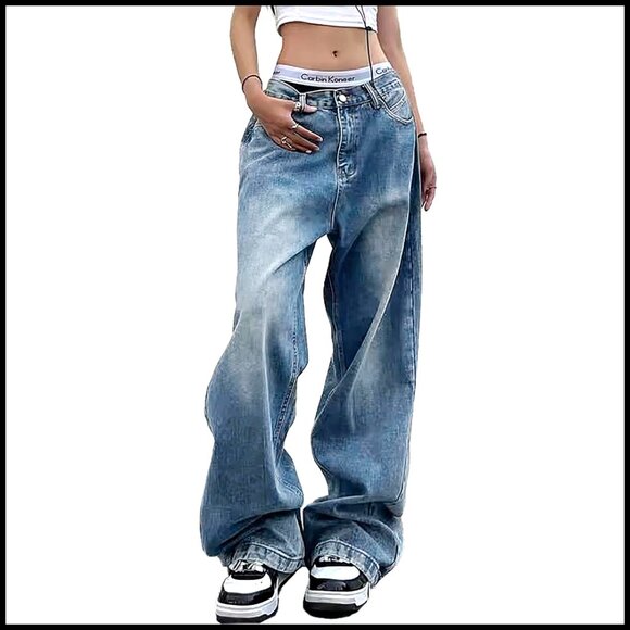 Wide Leg Boyfriend Jeans Low Rise Vintage Y2K Streetwear Denim Pants